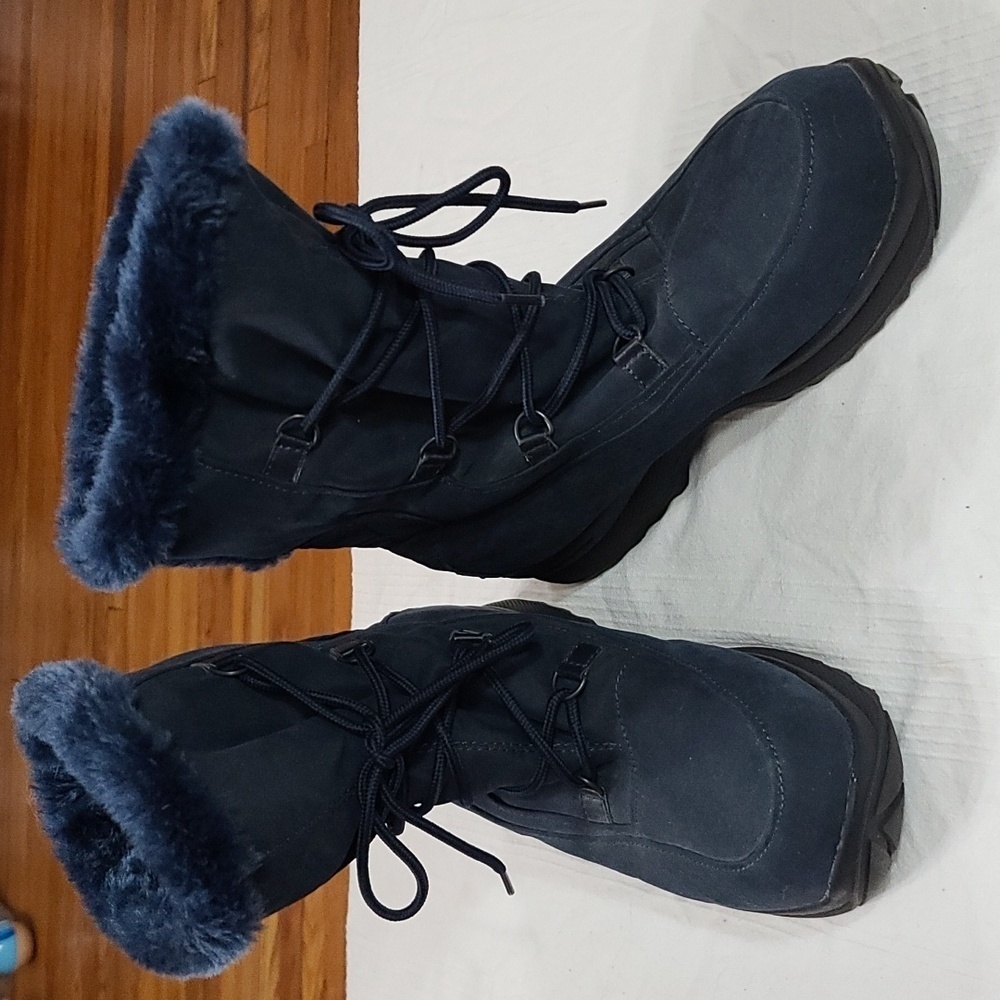 Wanderlust Womens Winter Boots Navy Faux Suede Furry Lined Lace Up Sz 9 …